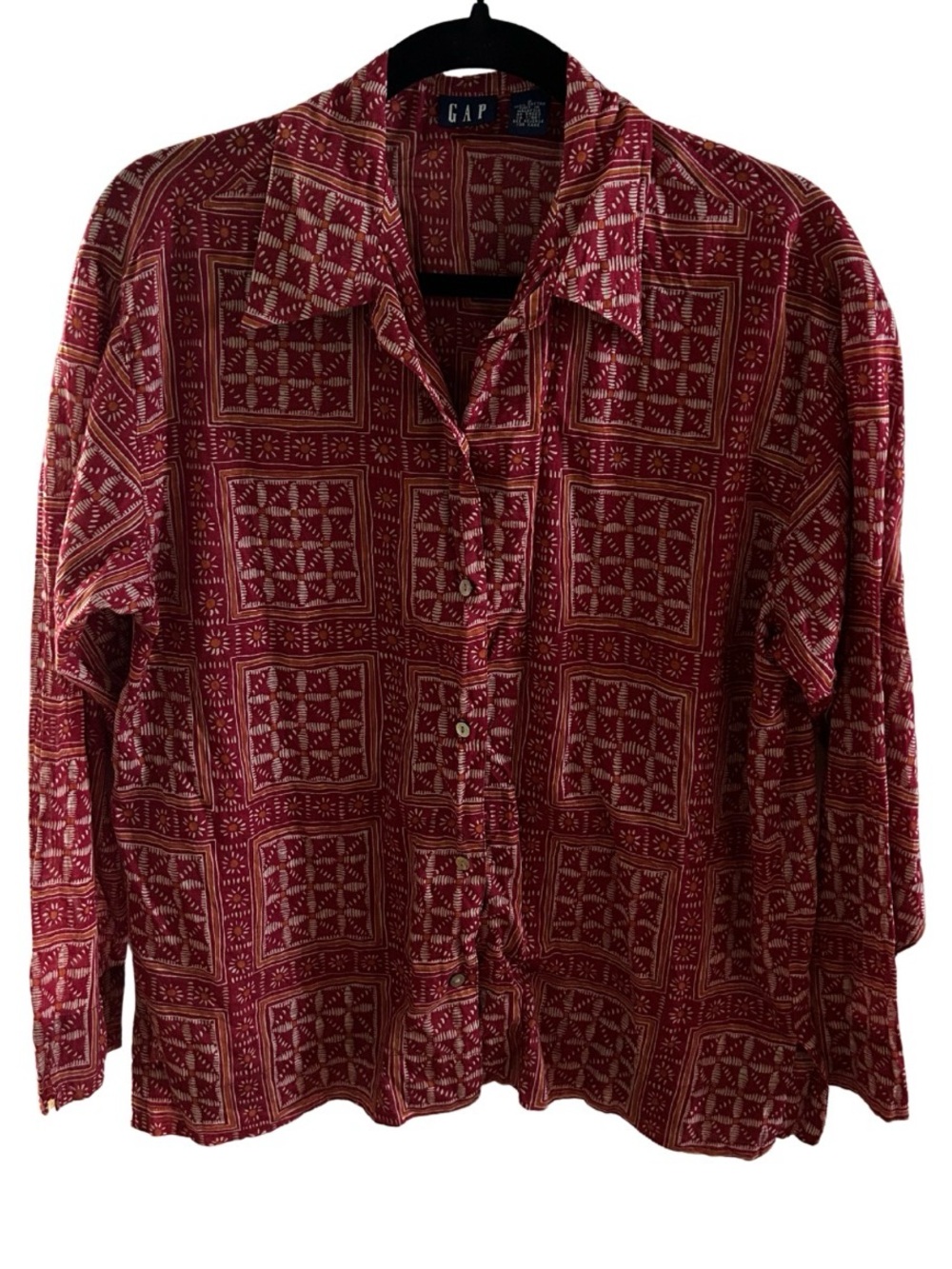 Vintage GAP Cotton Block Print Long Sleeve Shirt | Red | Size S